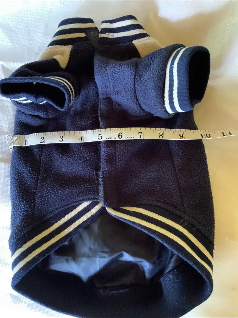 Woolrich Navy and White Letterman-Style fleece Dog Jacket with Yellow Accents